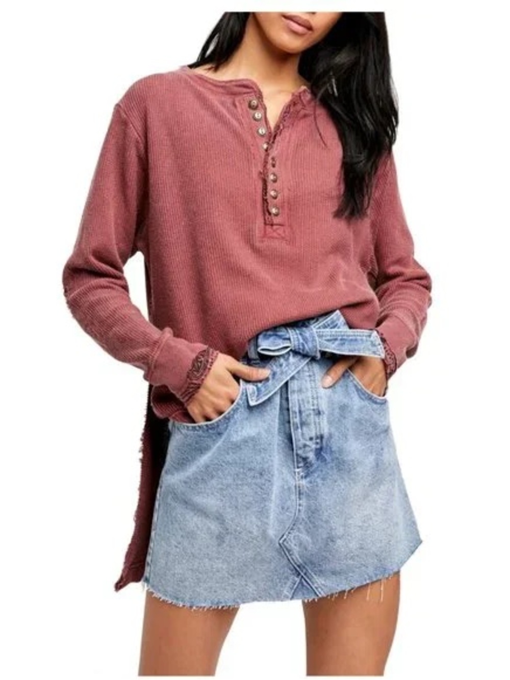 Free People Fall for You Washed Rose Button-Front Henley